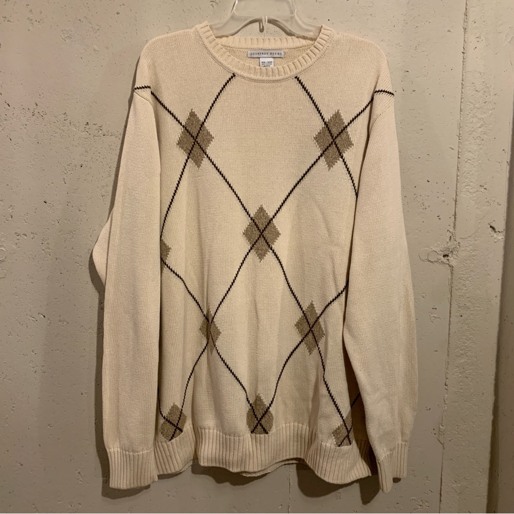 100% Cotton Argyle Crewneck Sweater Geoffrey Beene Long Sleeve Size XXL Cream